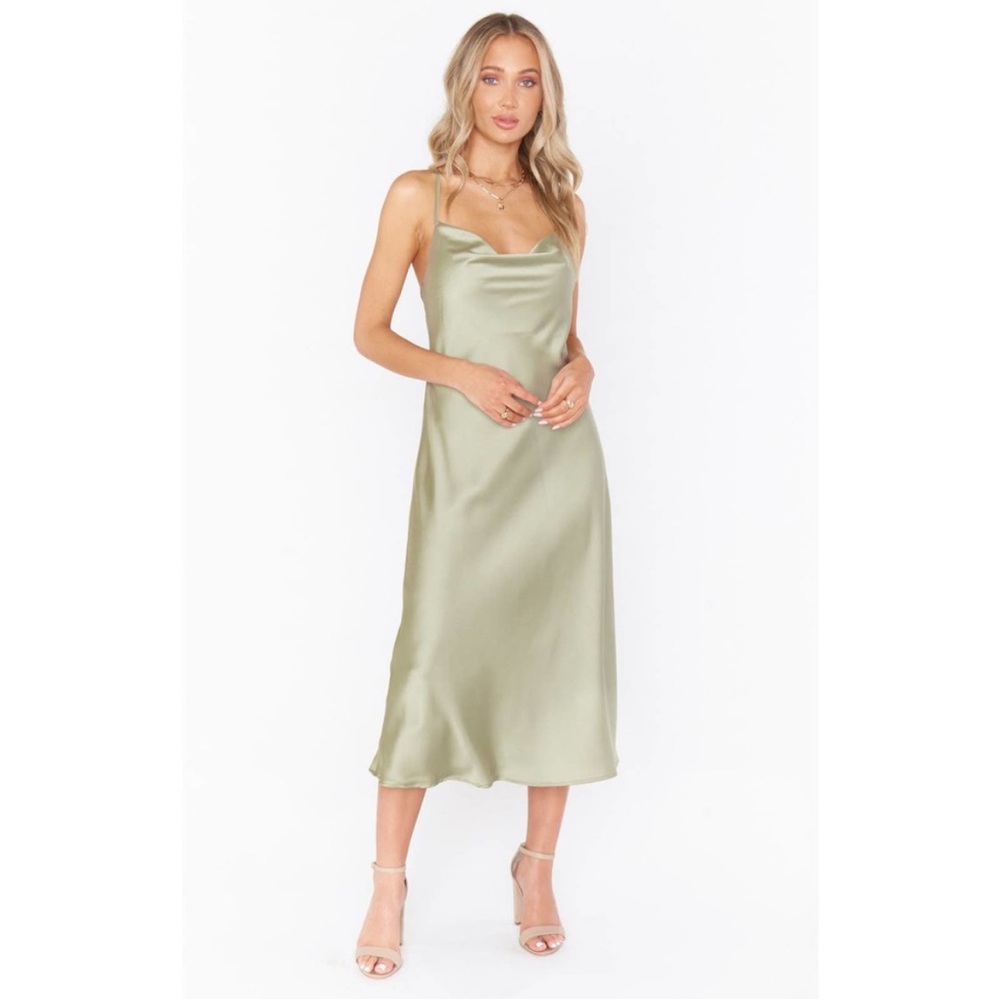 Show Me Your Mumu Verona Cowl Dress Moss Green Luxe Satin S